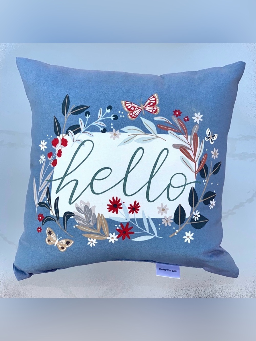 Hampton Bay Blue Floral & Butterfly Hello Indoor Outdoor Throw Pillow 16"x16”